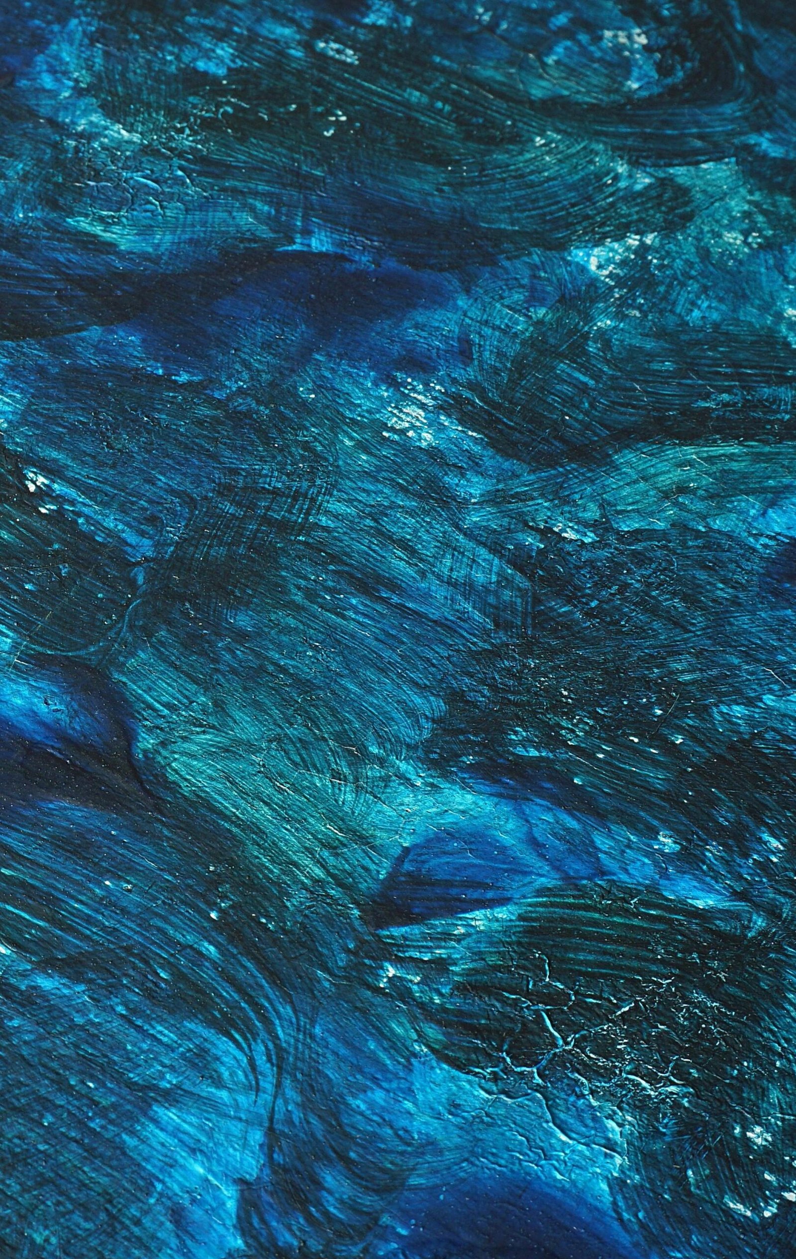 A dynamic abstract painting with rich blue tones and textured brushstrokes evokes movement and depth.